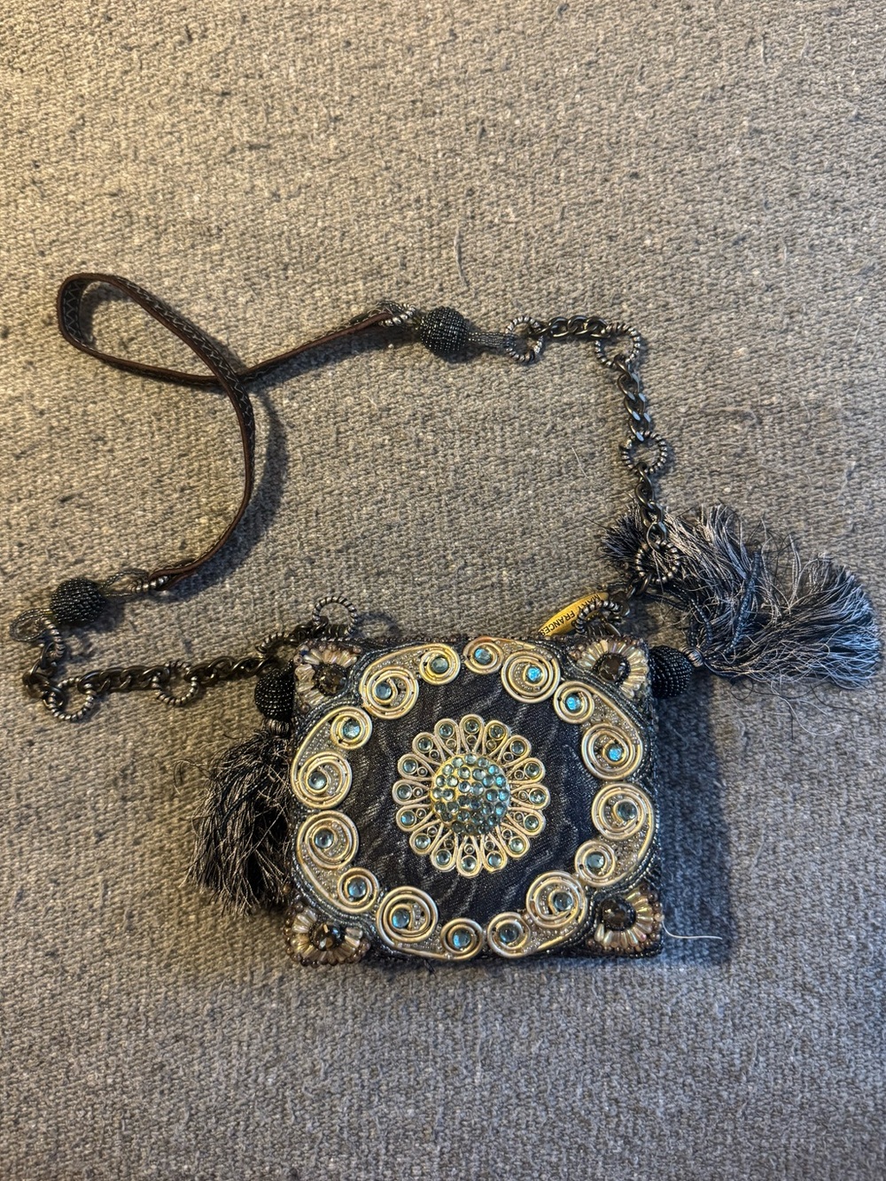 Mary Frances Embellished Black Beaded Crossbody Bag with Tassel